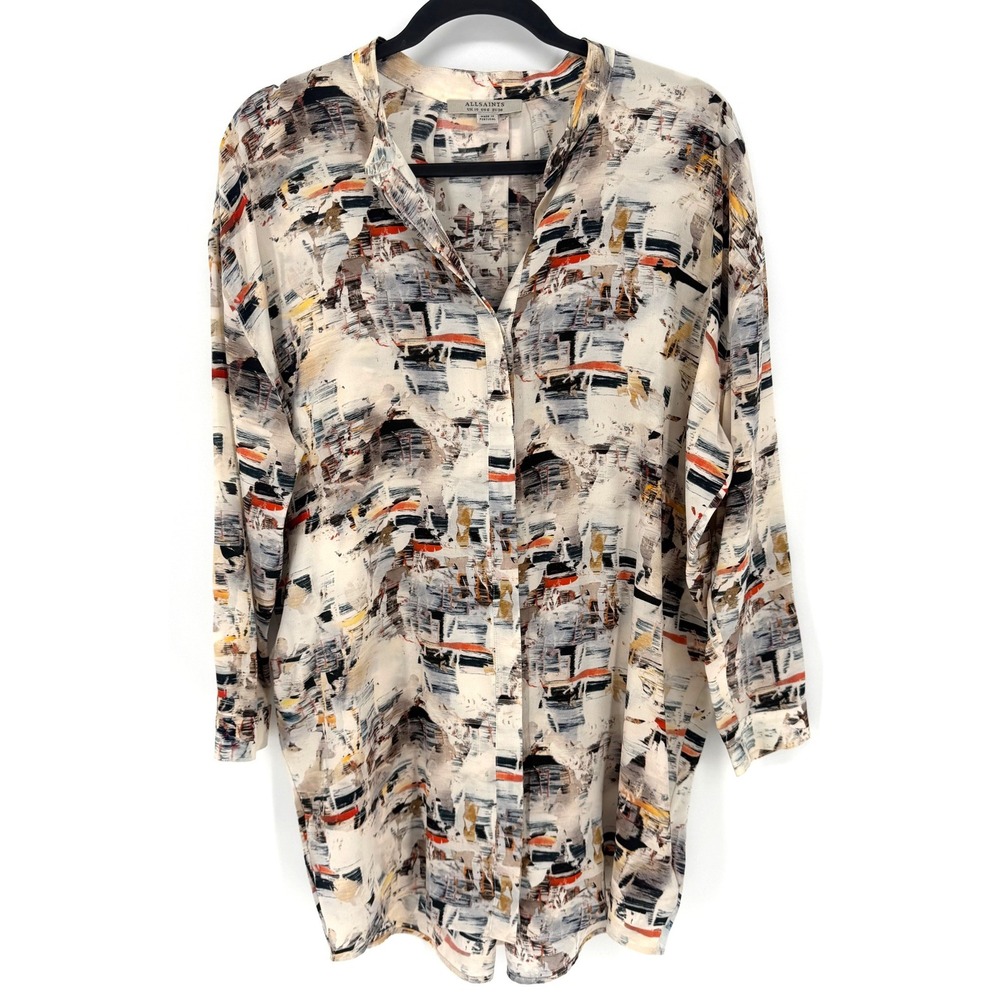 AllSaints Avalon Dash Dress 6 Cream Abstract Silk Button Front Tunic Long Sleeve